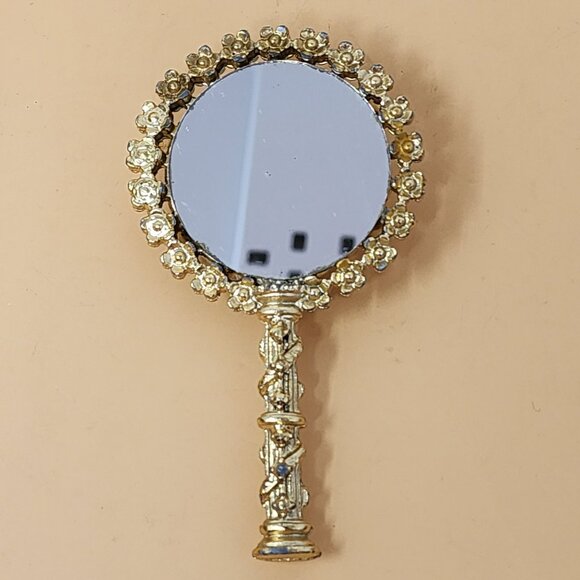 Vintage Ornate Handheld Mini Mirror With Decorative Handle & Pearl Accents - Picture 2 of 7